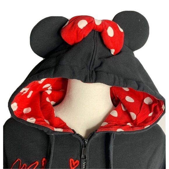 Disney Parks Minnie Mouse Hoodie Sweatshirt L Black Embroidered Full Zip Ears - Picture 2 of 7